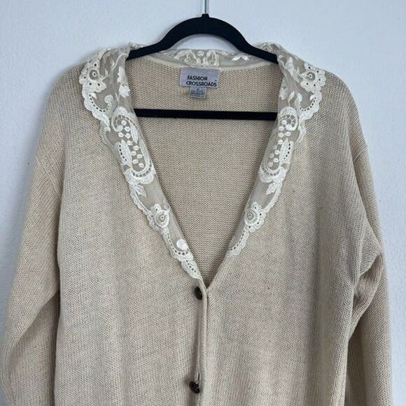 Fashion Crossroads knit Cardigan Sweater Vintage Button Down Cream Lace Collar - Picture 8 of 10